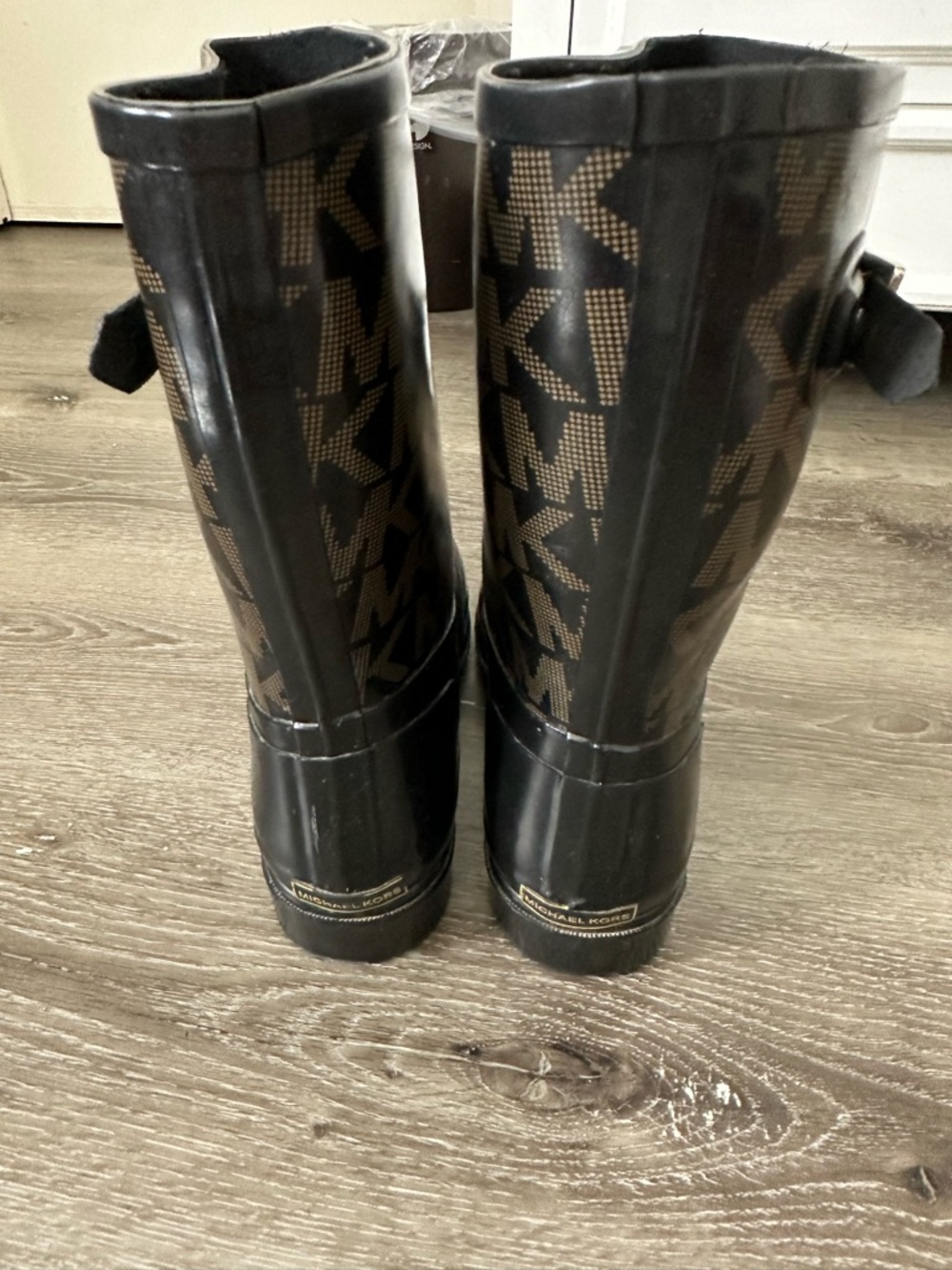 Women Michael Kors Black and Brown MK Logo Rain Boots - Picture 3 of 10